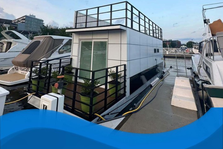 a boat sitting on top of a building
