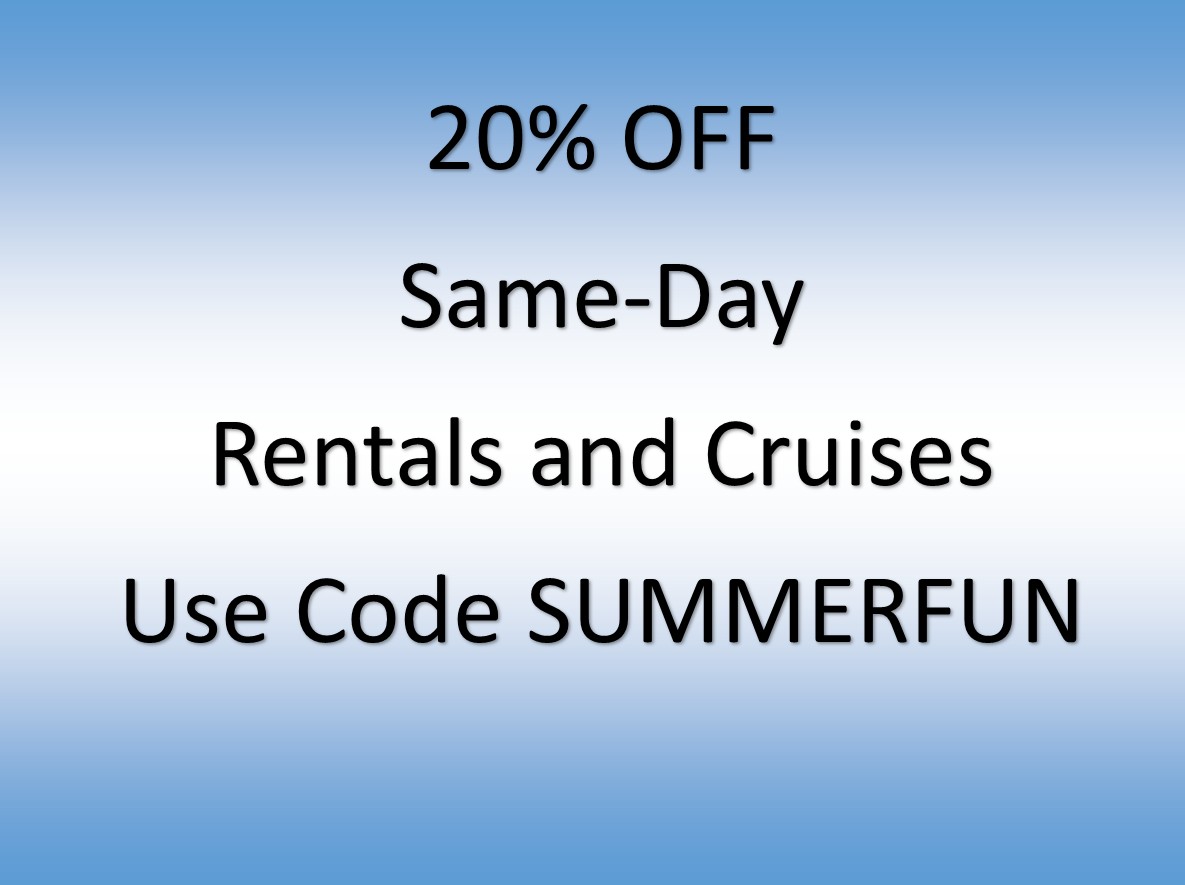Promotional text: 20% off same-day rentals and cruises with code SUMMERFUN.