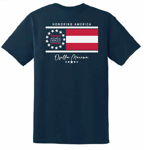 Navy t-shirt with American flag design and text 'Honoring America, Osella Marina'.